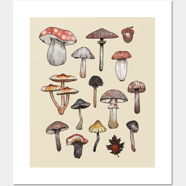 Watercolor Mushrooms Fungi Cottagecore Goblincore Wall Art by uncommontee